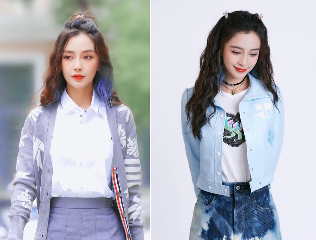 Angelababy với kiểu tóc dài, nhấn highlight và mái phồng giúp người gầy thêm sức sống