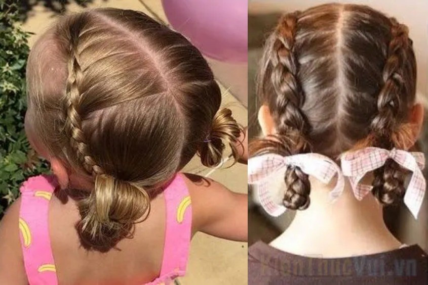 Bé gái 1 tuổi với kiểu tóc tết hai bên gập đuôi gọn gàng, xinh xắn