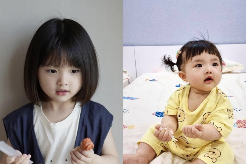 Bé gái 2 tuổi với kiểu tóc ngắn mái ngố đáng yêu