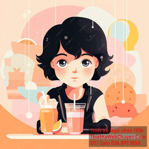 Bé gái chibi tóc ngắn với mái tóc đen, áo đen, đang cầm ly nước cam tươi mát, thể hiện phong cách vẽ chibi năng động