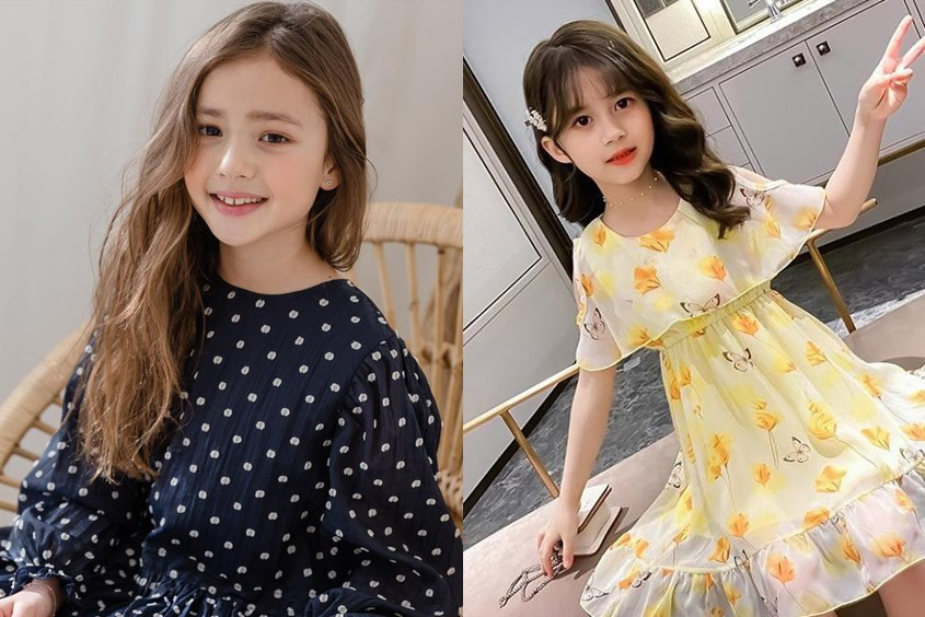 Bé gái lớn hơn với tóc xoăn nhẹ, phù hợp với áo dài cho bé 10 tuổi