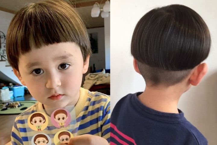 Bé trai 2 tuổi với kiểu tóc đầu nấm dễ thương, phù hợp cho khuôn mặt bầu bĩnh.