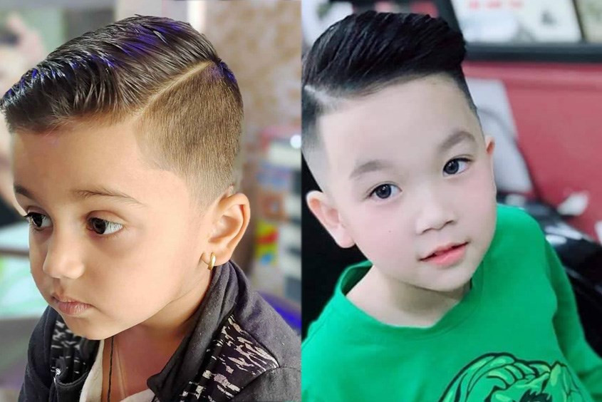 Bé trai 2 tuổi với kiểu tóc mái dài vuốt keo lịch lãm, tạo vẻ ngoài nam tính và sành điệu.