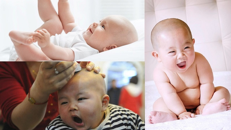 Bé trai 8 tháng với kiểu đầu trọc cá tính, thoải mái