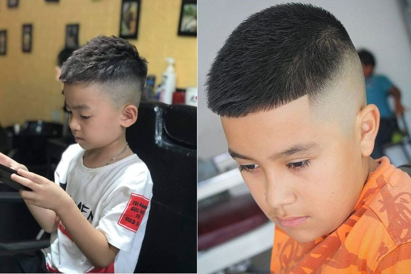 Bé trai mặt dài với kiểu tóc Mohican mạnh mẽ, tạo vẻ ngoài năng động và cá tính.