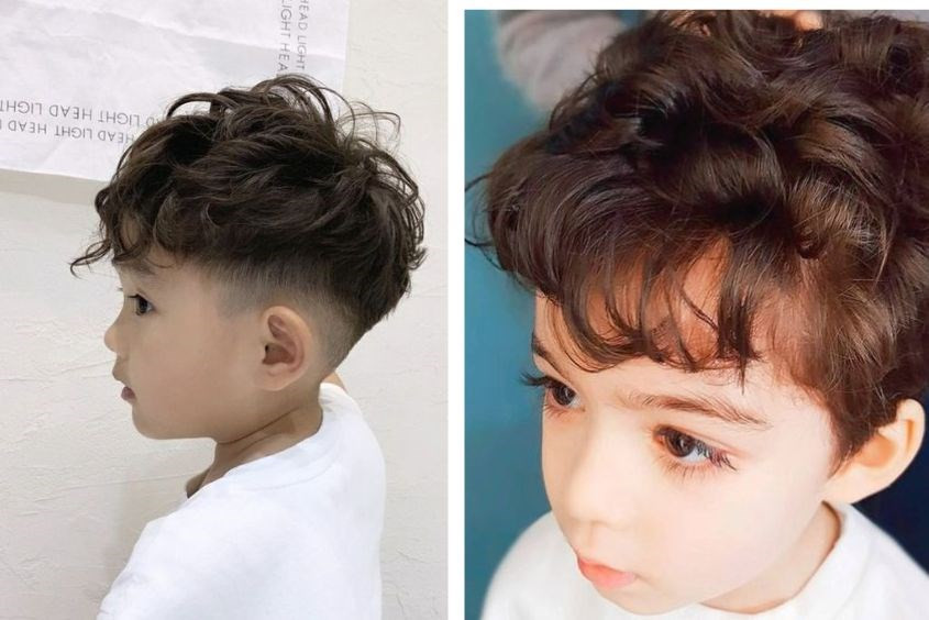 Bé trai mặt dài với mái tóc uốn xoăn bồng bềnh, tạo vẻ ngoài dễ thương và che đi khuyết điểm khuôn mặt.