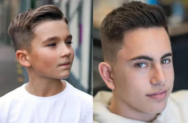 Bé trai tạo dáng với kiểu Pompadour vuốt cao, thể hiện phong cách cá tính