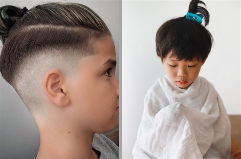 Bé trai với kiểu tóc Man Bun búi gọn gàng, thể hiện mái tóc dày