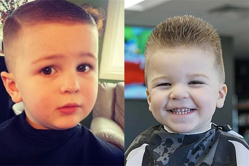 Bé trai với kiểu tóc nấm tỉa layer giúp tóc trông dày và bồng bềnh hơn.