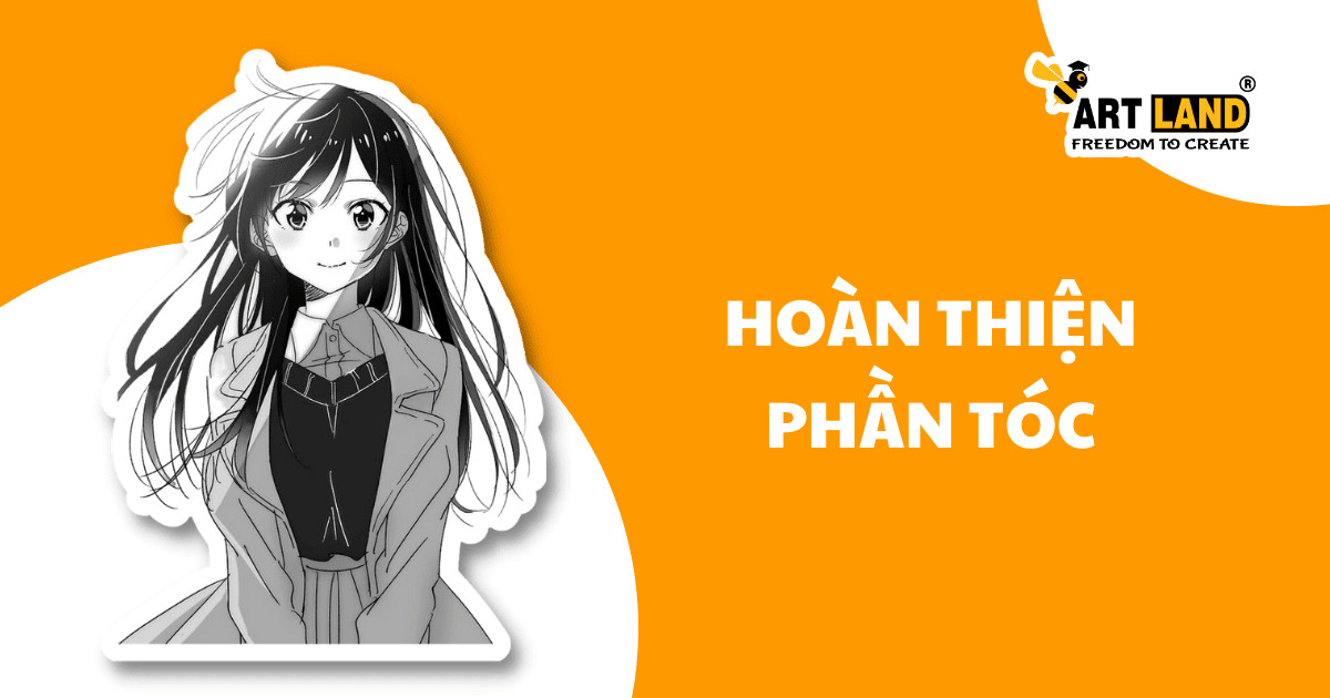 Bức vẽ nhân vật hoàn chỉnh với kiểu tóc đã được chỉnh sửa và tô nét, thể hiện bước cuối cùng trong quá trình vẽ.