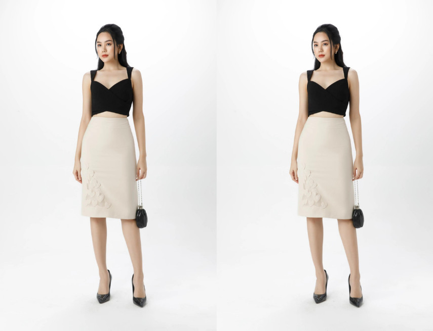 chân váy bút chì và áo lụa tôn dáng