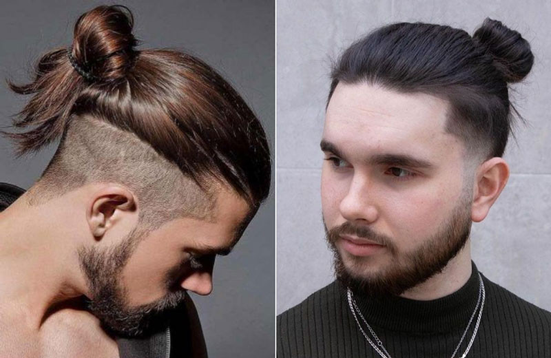 Chàng trai với kiểu tóc Top Knot cá tính, phần tóc trên được búi gọn gàng, thể hiện phong cách bụi bặm trong xu hướng tóc nam 2023