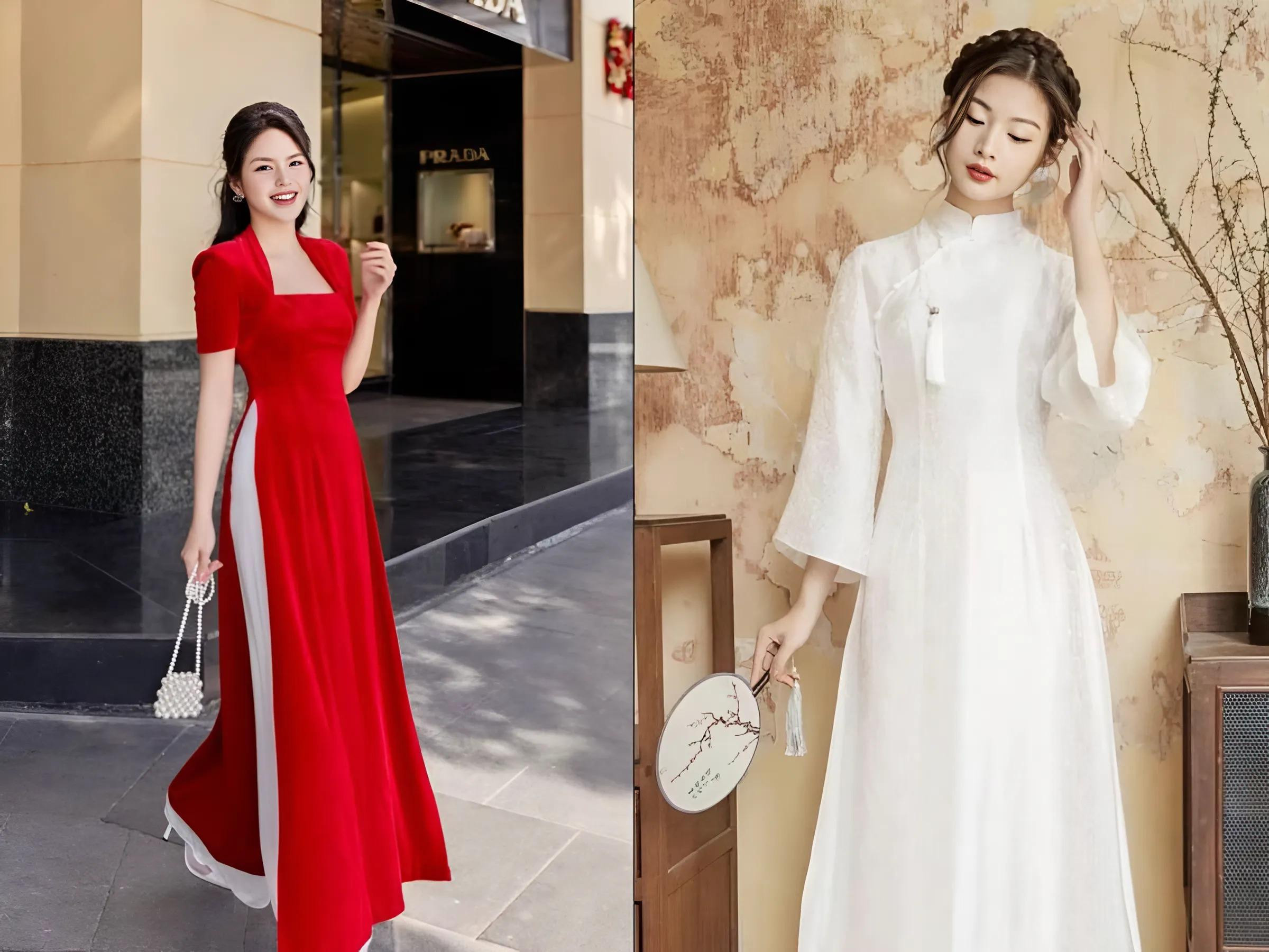 Cô gái diện áo dài cách tân màu hồng nhạt với kiểu tóc búi thấp hiện đại đi đám cưới