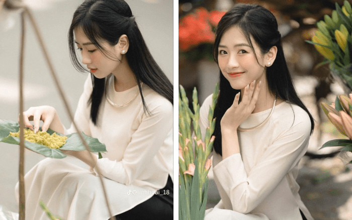 Cô gái học sinh với kiểu tóc thẳng cúp đuôi mái phồng diện áo dài trắng