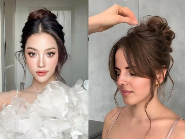 Cô gái mặc áo dài xanh lam với kiểu tóc búi cao cổ điển, thanh lịch dự đám cưới