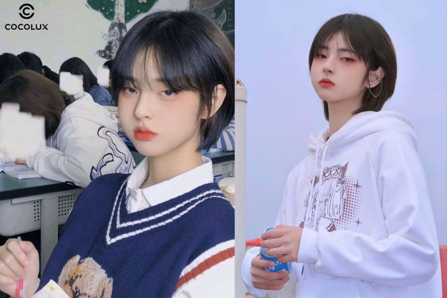 Cô gái mặt tròn với kiểu tóc tomboy ôm mặt, mái thưa nhẹ nhàng, tạo nét thon gọn và hài hòa