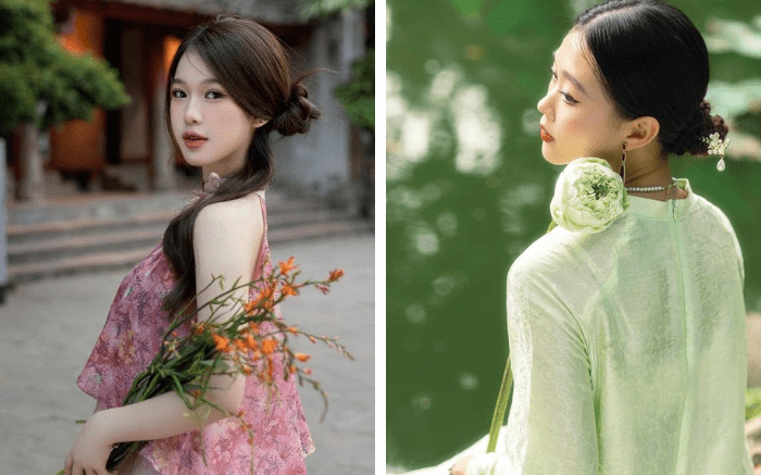 Cô gái tóc búi thấp đơn giản kết hợp cùng áo dài hồng
