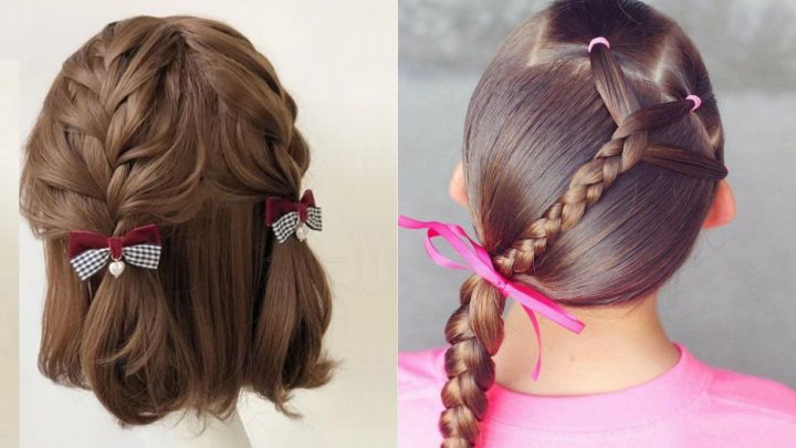 Cô gái trẻ tết tóc mái gọn gàng, thể hiện cách tết tóc ngắn đẹp cho học sinh