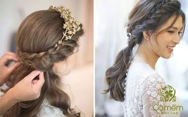 Cô gái trẻ trung với kiểu tóc tết nửa đầu duyên dáng khi mặc áo dài