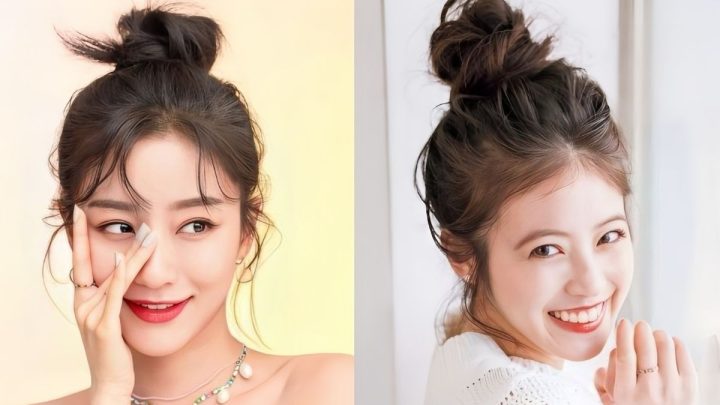 Cô gái với kiểu tóc búi củ hành cao, tạo vẻ năng động và trẻ trung.