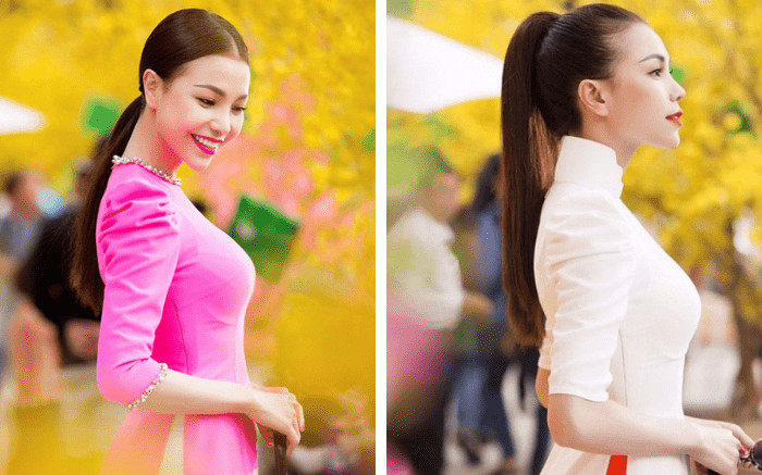 Cô gái với kiểu tóc buộc đuôi ngựa cao khi diện áo dài