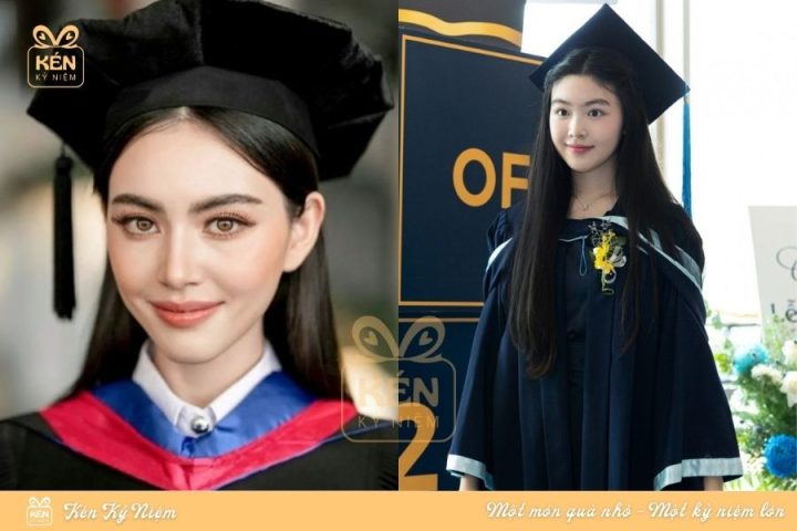 Cô gái với kiểu tóc duỗi thẳng tự nhiên đội mũ cử nhân trong lễ tốt nghiệp