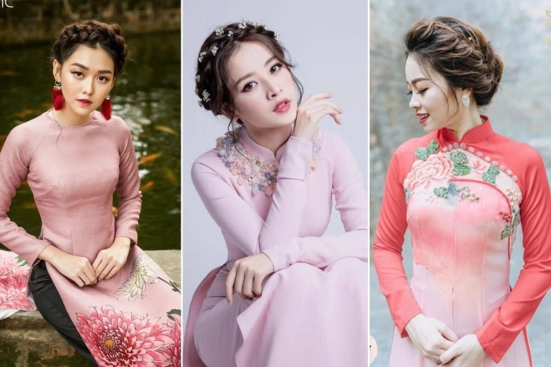 Cô gái với kiểu tóc ngắn ngang vai tết tóc một bên, kết hợp áo dài truyền thống, thể hiện vẻ đẹp dịu dàng và thanh lịch