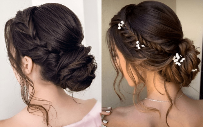 Cô gái với kiểu tóc tết búi quanh đầu khi mặc áo dài màu xanh