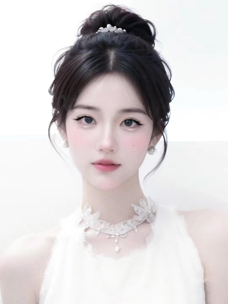 Cô gái với mái tóc búi cao ngôi giữa, khuôn mặt thon gọn và hài hòa