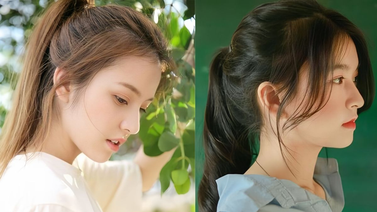 Cô gái với mái tóc đuôi ngựa cao, búi gọn, thể hiện sự cá tính và năng động.