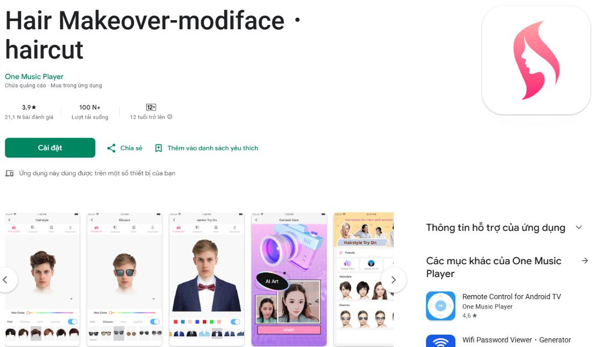 Giao diện ứng dụng Hair Makeover Modiface cho phép thử các kiểu tóc nữ đa dạng trên một bức ảnh.