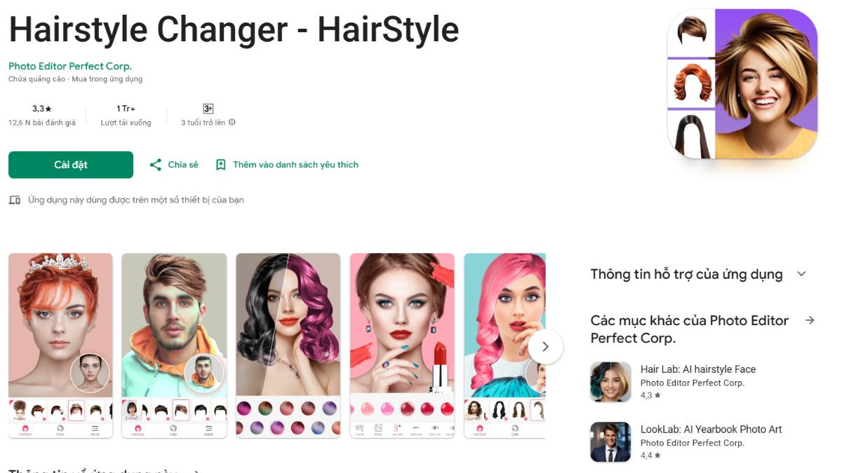 Giao diện ứng dụng Hair Style Changer với nhiều kiểu tóc nữ để thử trên hình ảnh chân dung.