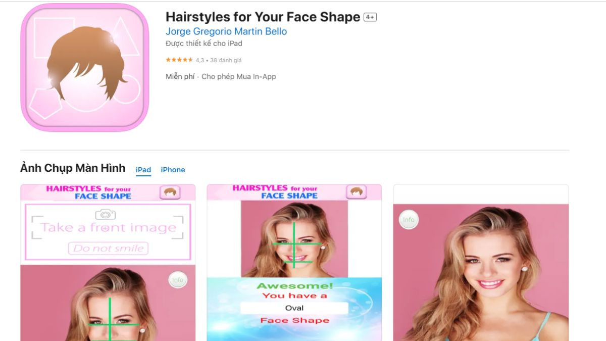 Giao diện ứng dụng Hairstyles for Your Face Shape với các gợi ý kiểu tóc nữ dựa trên hình dáng khuôn mặt.