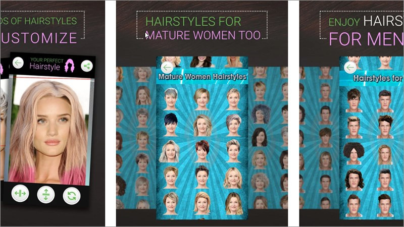 Giao diện ứng dụng Perfect Hairstyle-Women &amp; Men hiển thị một cô gái đang thử kiểu tóc pixie màu vàng, với các tùy chọn thay đổi kiểu và màu tóc ở phía dưới