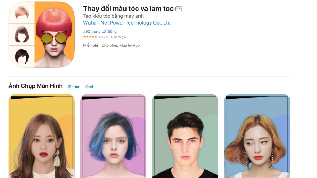 Giao diện ứng dụng "Thay đổi màu tóc và làm tóc" hiển thị các tùy chọn màu sắc và kiểu tóc ảo.
