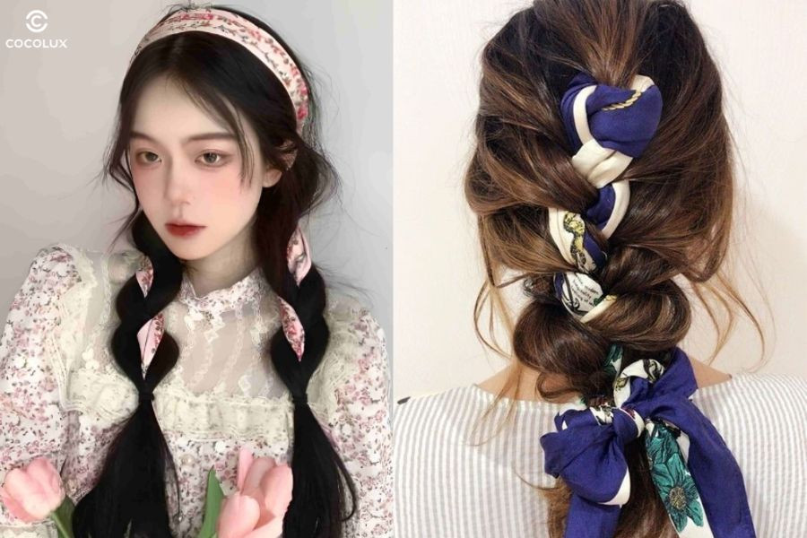 Khăn Bandana giúp kiểu tóc tết dài thêm nổi bật