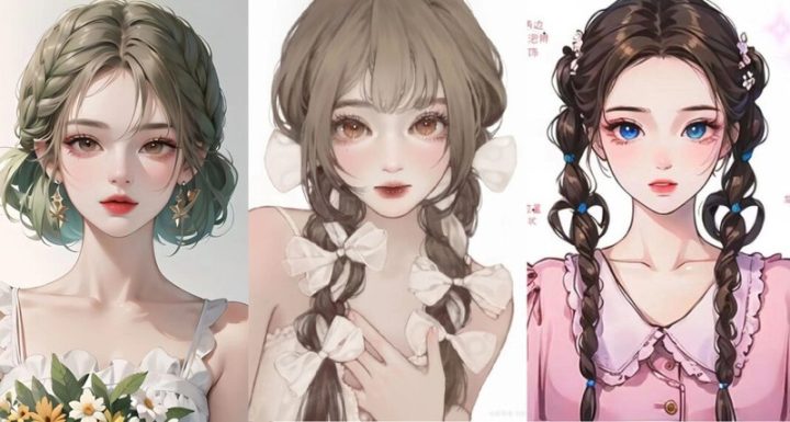 Kiểu tóc anime nữ với mái tóc dài và phụ kiện độc đáo