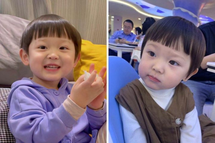 Kiểu tóc bát úp truyền thống cho bé trai mặt tròn, rất đáng yêu và ngây thơ.