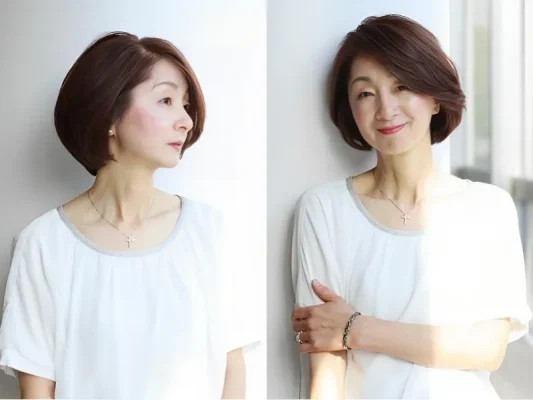 Kiểu tóc bob ngắn cổ điển màu nâu, phần mái dày ôm sát khuôn mặt, tôn lên vẻ thanh thoát