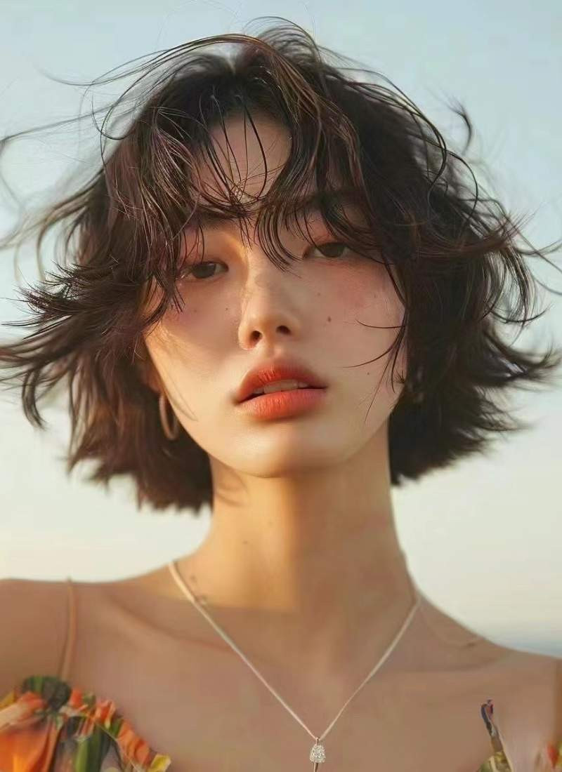 Kiểu tóc bob ngắn ngang vai mặt tròn uốn xoăn nhẹ, tạo vẻ đẹp nữ tính và mềm mại