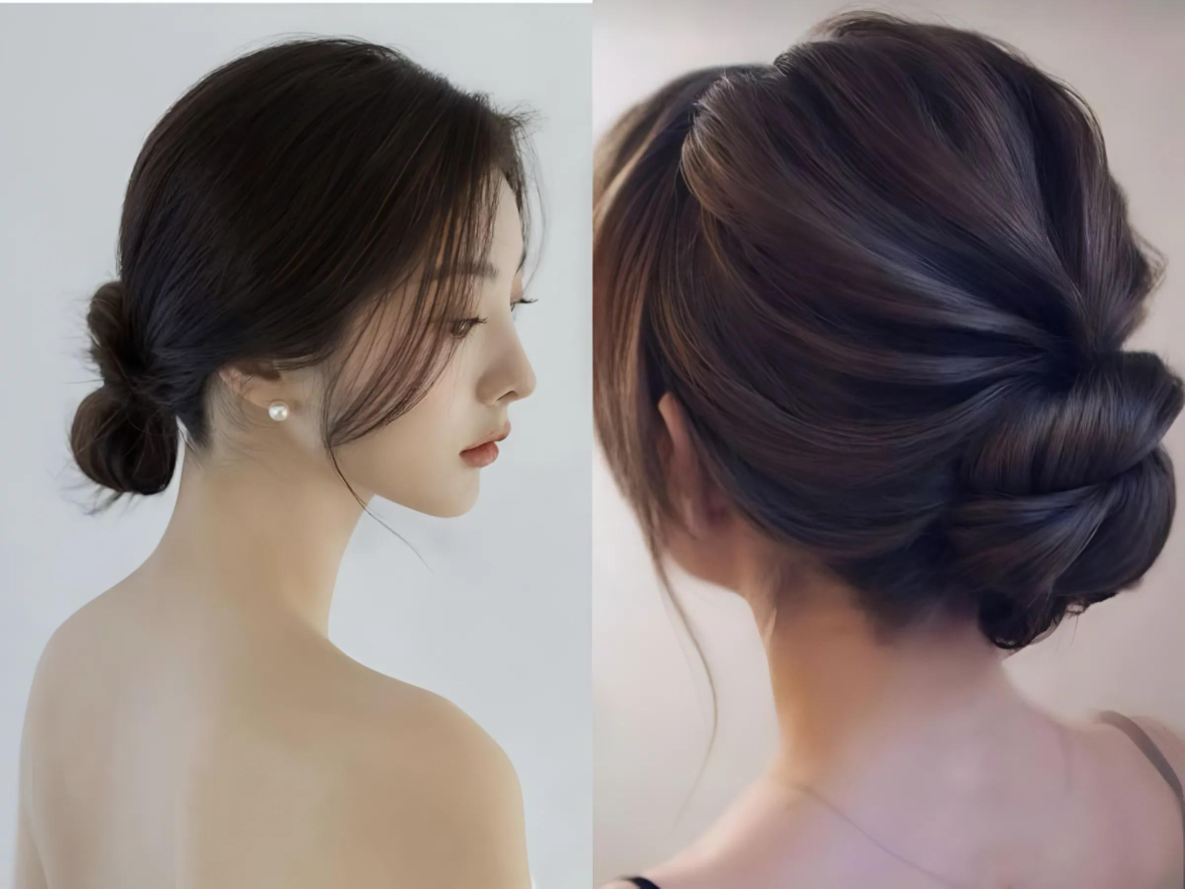 Kiểu tóc búi thấp dịu dàng kết hợp áo dài trắng, phù hợp đi đám cưới