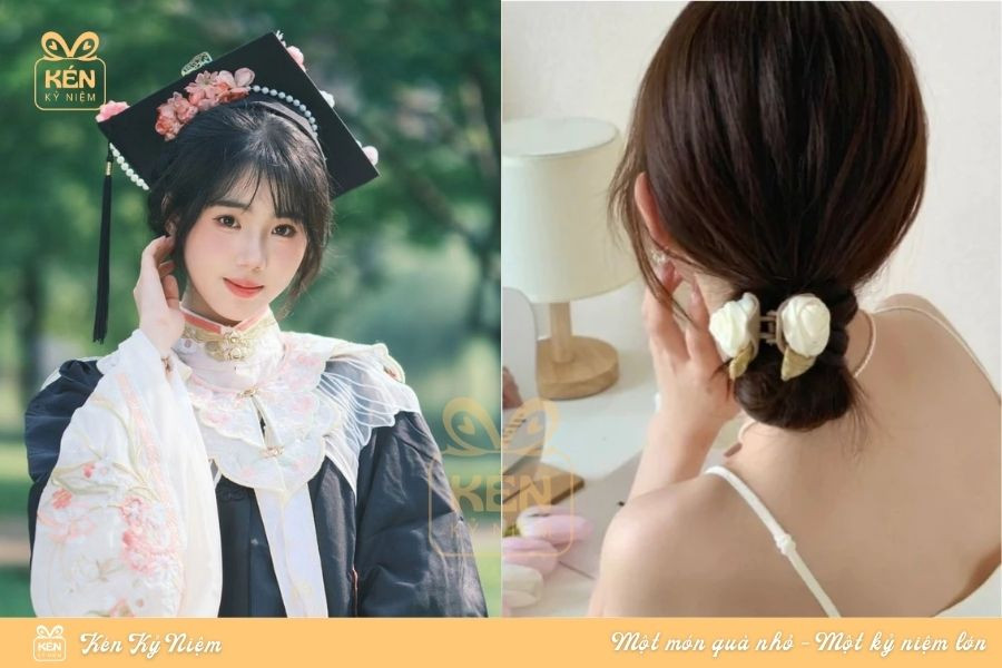 Kiểu tóc búi thấp thanh lịch phù hợp để đội mũ tốt nghiệp