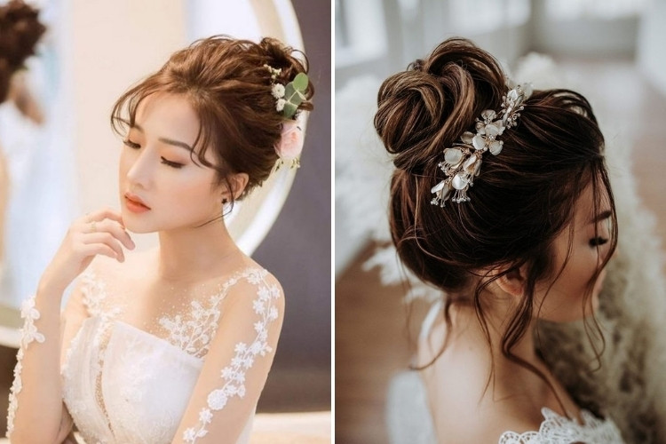 Kiểu tóc cô dâu búi cao cổ điển, kết hợp vương miện lấp lánh