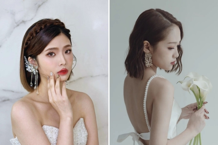 Kiểu tóc cô dâu ngắn uốn nhẹ, cài kẹp ngọc trai thanh lịch