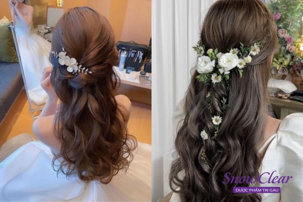 Kiểu tóc công chúa buộc nửa đầu với lọn xoăn nhẹ nhàng, tôn lên vẻ đẹp dịu dàng và nữ tính