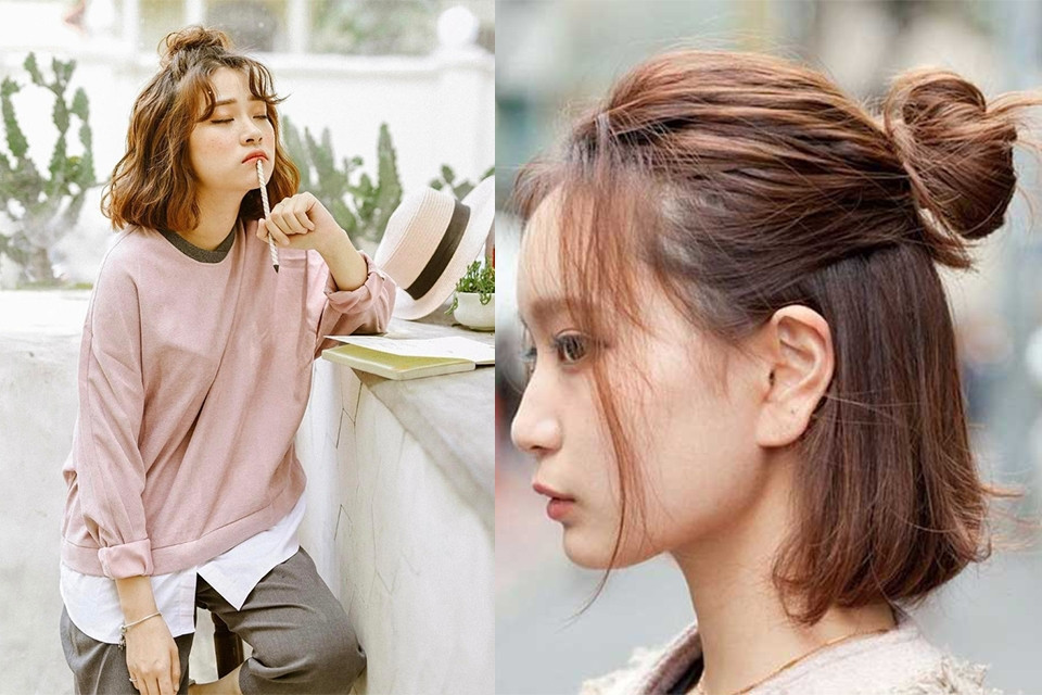 Kiểu tóc đuôi ngựa nửa đầu cho tóc ngắn với phần búi nhỏ