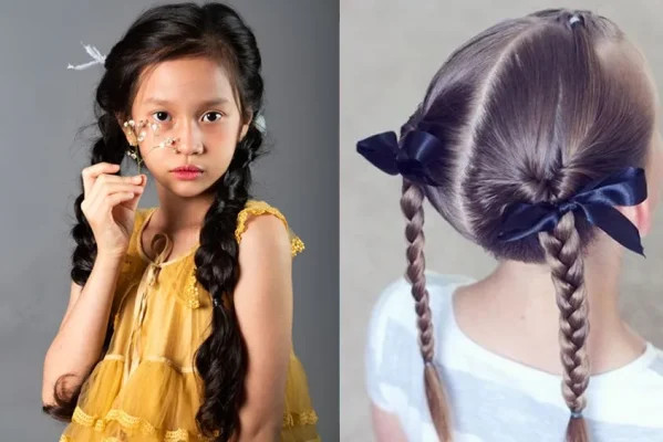 Kiểu tóc hai bím truyền thống kết hợp với phụ kiện tóc đáng yêu