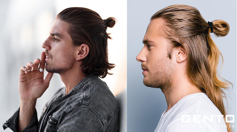 Kiểu tóc half-bun manbun nam, chỉ búi một nửa tóc phía trên, phù hợp cho tóc có độ dài trung bình.