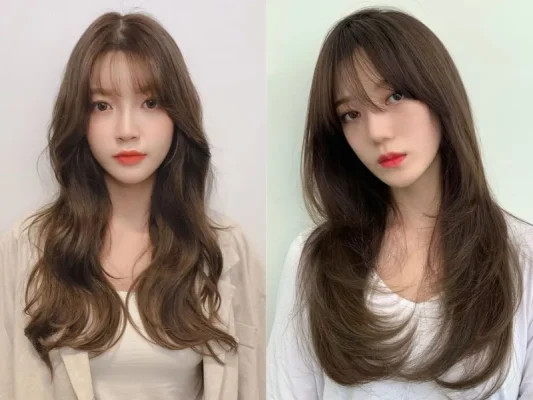 Kiểu tóc mái thưa dài kết hợp tóc dài giúp mặt mập mềm mại