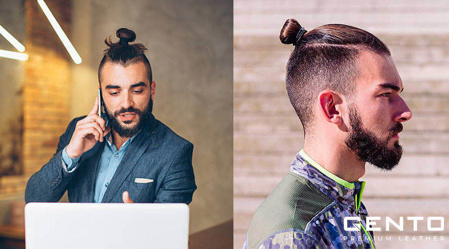 Kiểu tóc manbun nam slick back kết hợp búi cao, phần tóc dưới để tự nhiên.